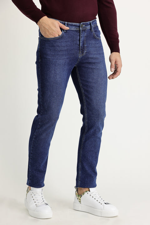 Mid-Dark Blue Regular Fit Standard Cut Lycra Denim Pants