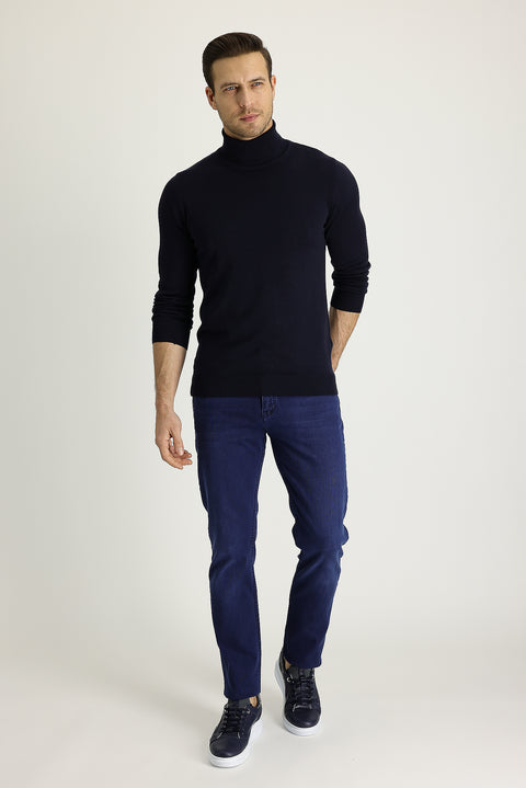 Orta Lacivert 7 Drop Slim Fit Dar Kesim Likralı Denim Pantolon