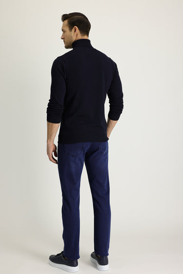Orta Lacivert Slim Fit Dar Kesim Likralı Denim Pantolon