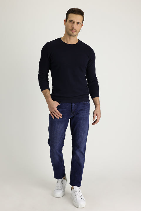 Orta Lacivert Regular Fit Standart Kesim Likralı Denim Pantolon