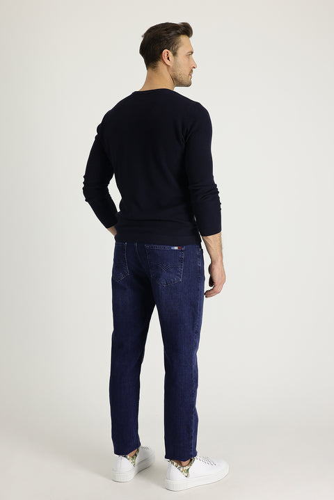 Orta Lacivert Regular Fit Standart Kesim Likralı Denim Pantolon