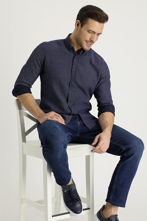 Orta Lacivert 7 Drop Slim Fit Dar Kesim Likralı Denim Pantolon