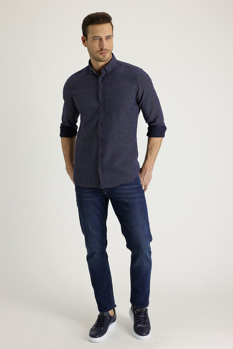 Orta Lacivert 7 Drop Slim Fit Dar Kesim Likralı Denim Pantolon