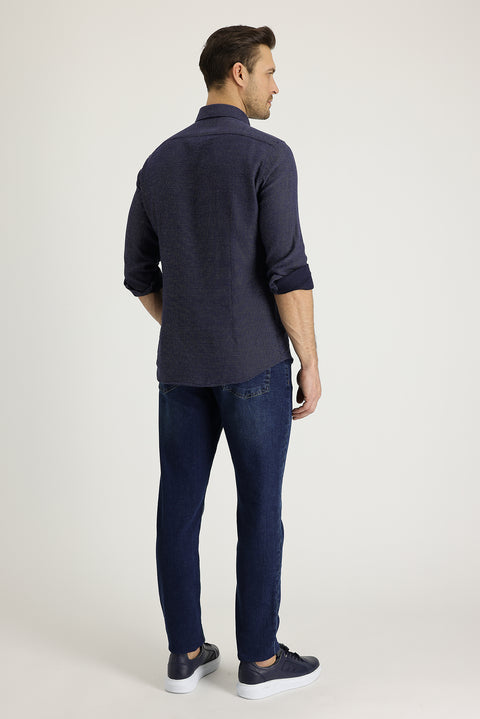 Orta Lacivert 7 Drop Slim Fit Dar Kesim Likralı Denim Pantolon