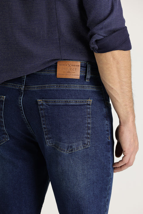 Orta Lacivert 7 Drop Slim Fit Dar Kesim Likralı Denim Pantolon