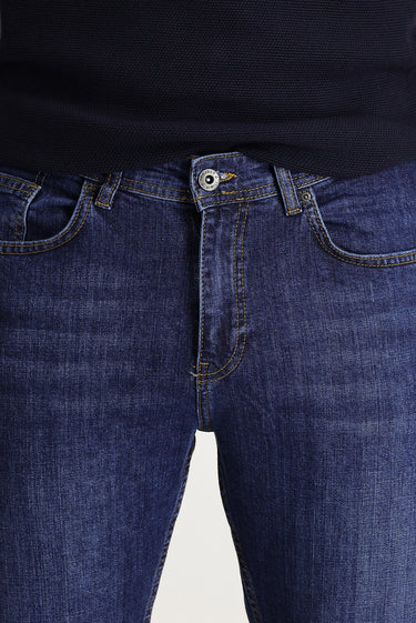 Orta Lacivert Slim Fit Dar Kesim Likralı Denim Pantolon