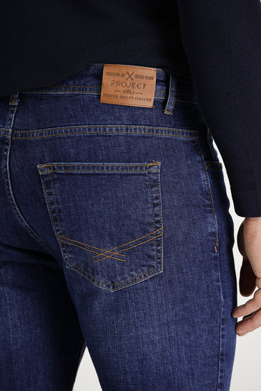 Orta Lacivert Slim Fit Dar Kesim Likralı Denim Pantolon
