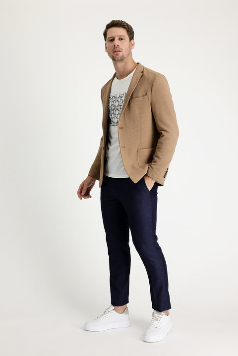 Orta Lacivert 7 Drop Super Slim Fit Eksra Dar Kesim Desenli Likralı Klasik Kumaş Pantolon