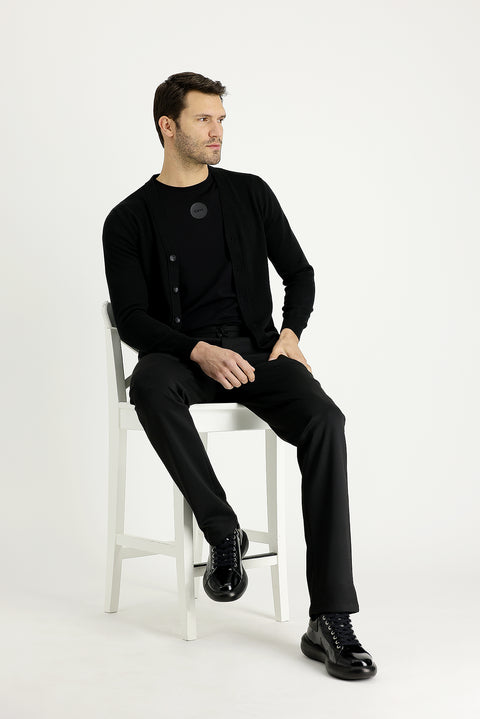 Siyah 7 Drop Slim Fit Dar Kesim Beli Lastikli İpli Desenli Likralı Kumaş Pantolon