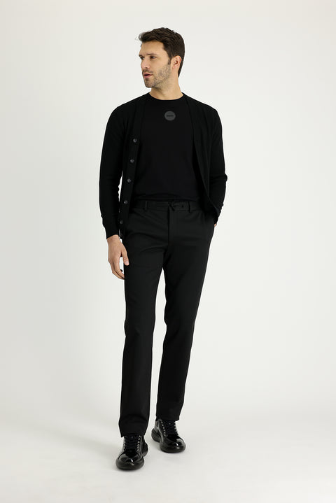 Siyah 7 Drop Slim Fit Dar Kesim Beli Lastikli İpli Desenli Likralı Kumaş Pantolon
