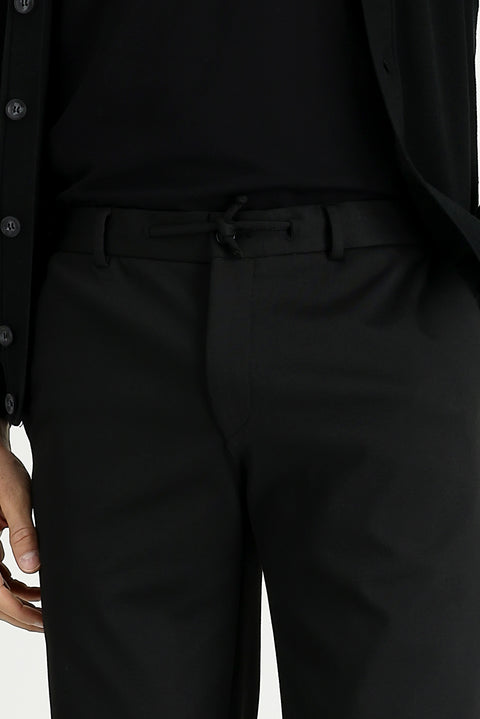 Siyah 7 Drop Slim Fit Dar Kesim Beli Lastikli İpli Desenli Likralı Kumaş Pantolon