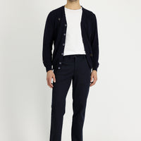 Koyu Lacivert Slim Fit Dar Kesim Beli Lastikli İpli Desenli Likralı Kumaş Pantolon