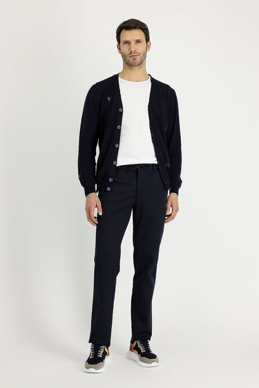 Koyu Lacivert Slim Fit Dar Kesim Beli Lastikli İpli Desenli Likralı Kumaş Pantolon