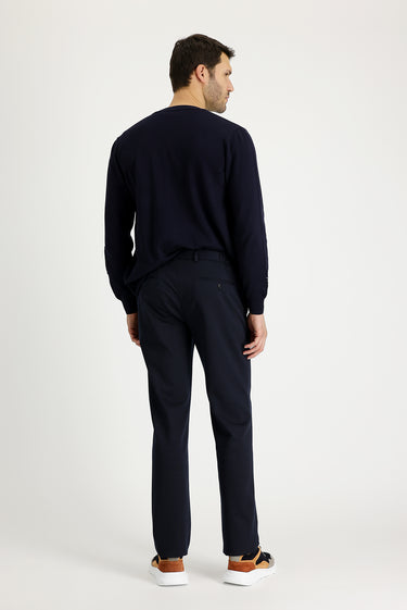 Koyu Lacivert Slim Fit Dar Kesim Beli Lastikli İpli Desenli Likralı Kumaş Pantolon