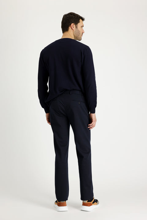 Koyu Lacivert 7 Drop Slim Fit Dar Kesim Beli Lastikli İpli Desenli Likralı Kumaş Pantolon