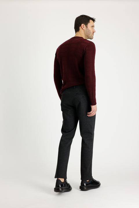 Koyu Antrasit 7 Drop Slim Fit Dar Kesim Beli Lastikli İpli Desenli Likralı Kumaş Pantolon