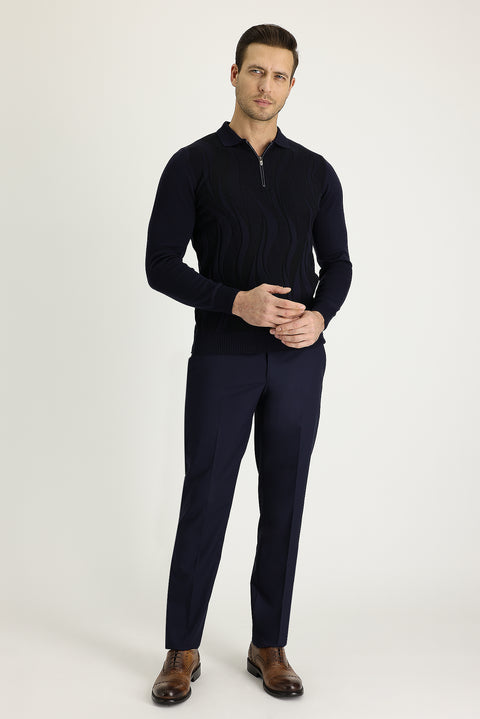 Dark Navy 4 Drop Relaxed Fit Lycra Classic Fabric Trousers
