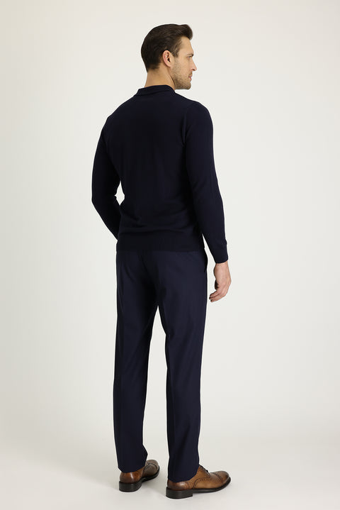 Koyu Lacivert 4 Drop Relaxed Fit Rahat Kesim Likralı Klasik Kumaş Pantolon