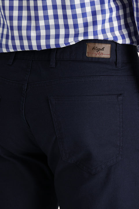 Orta Lacivert Regular Fit Standart Kesim Likralı Kanvas / Chino Pantolon