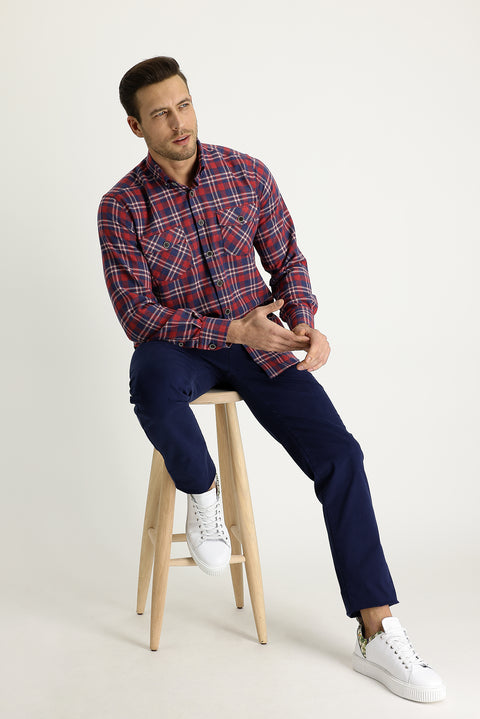 Koyu Lacivert Regular Fit Standart Kesim Likralı Kanvas / Chino Pantolon