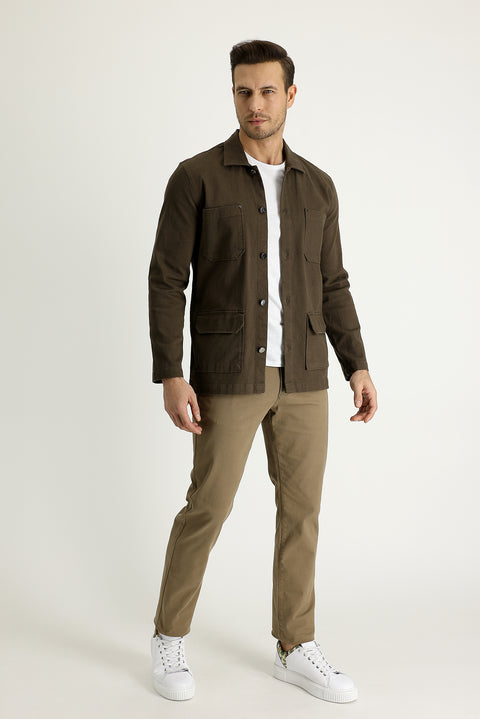 Koyu Bej Regular Fit Standart Kesim Likralı Kanvas / Chino Pantolon