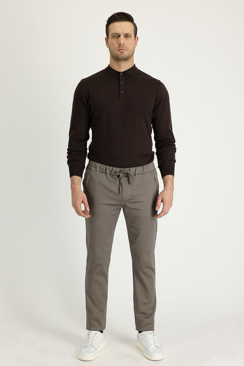Orta Vizon Slim Fit Dar Kesim Beli Lastikli İpli Likralı Kanvas / Chino Pantolon