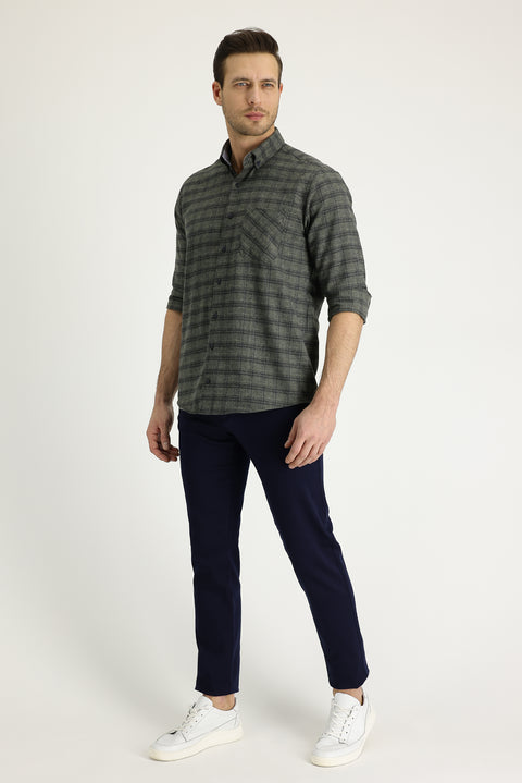 Koyu Lacivert Regular Fit Standart Kesim Likralı Kanvas / Chino Bağcıklı Pantolon