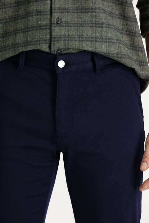 Koyu Lacivert Regular Fit Standart Kesim Likralı Kanvas / Chino Bağcıklı Pantolon