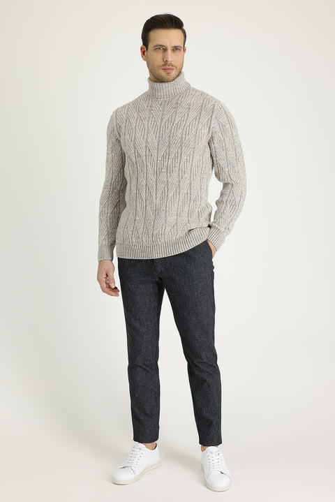 Koyu Füme 7 Drop Slim Fit Dar Kesim Beli Lastikli İpli Desenli Likralı Pantolon