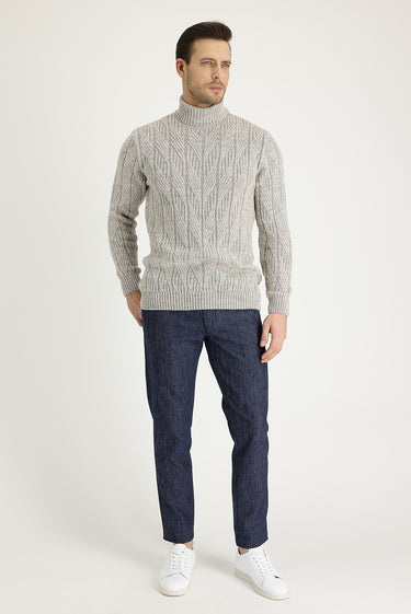 Orta Lacivert Slim Fit Dar Kesim Beli Lastikli İpli Desenli Likralı Pantolon