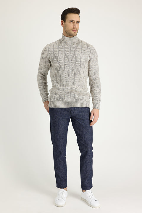 Orta Lacivert 7 Drop Slim Fit Dar Kesim Beli Lastikli İpli Desenli Likralı Pantolon