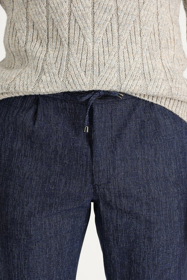 Orta Lacivert Slim Fit Dar Kesim Beli Lastikli İpli Desenli Likralı Pantolon