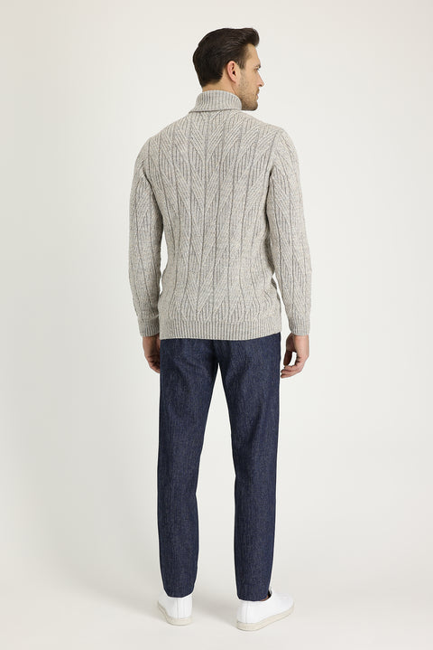 Orta Lacivert 7 Drop Slim Fit Dar Kesim Beli Lastikli İpli Desenli Likralı Pantolon