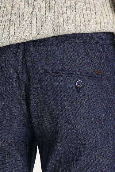 Orta Lacivert Slim Fit Dar Kesim Beli Lastikli İpli Desenli Likralı Pantolon