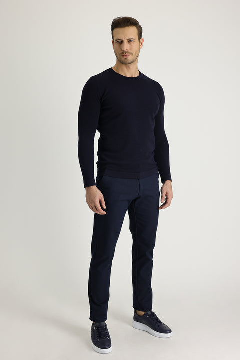 Orta Lacivert Regular Fit Standart Kesim Likralı Kanvas / Chino Pantolon