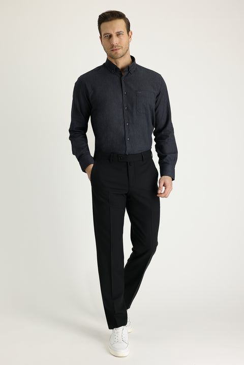 Siyah 6 Drop Regular Fit Standart Kesim Yünlü Klasik Kumaş Pantolon