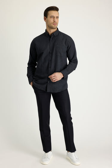  Siyah Lacivert Slim Fit Dar Kesim Yünlü Klasik Kumaş Pantolon