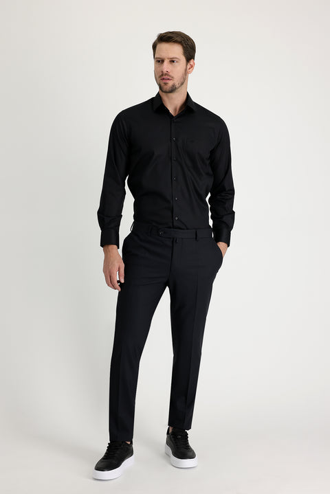 Siyah 4 Drop Relaxed Fit Rahat Kesim Yünlü Klasik Kumaş Pantolon