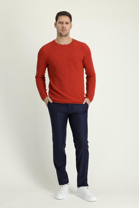 Orta Lacivert 7 Drop Slim Fit Dar Kesim Yünlü Klasik Kumaş Pantolon