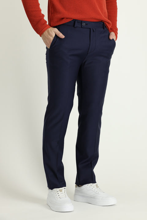 Orta Lacivert 7 Drop Slim Fit Dar Kesim Yünlü Klasik Kumaş Pantolon