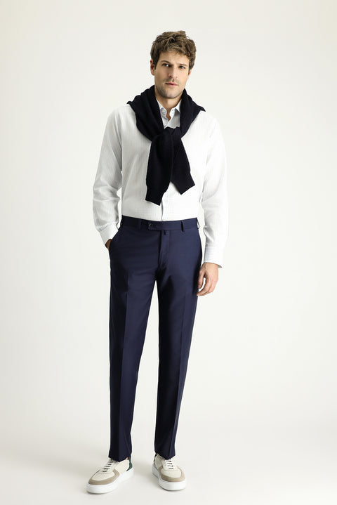 Koyu Lacivert 7 Drop Slim Fit Dar Kesim Yünlü Klasik Kumaş Pantolon