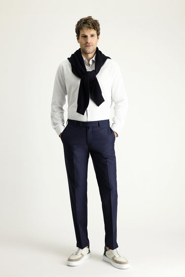 Koyu Lacivert Slim Fit Dar Kesim Yünlü Klasik Kumaş Pantolon