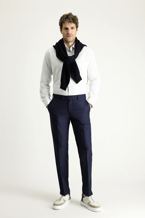 Koyu Lacivert 7 Drop Slim Fit Dar Kesim Yünlü Klasik Kumaş Pantolon