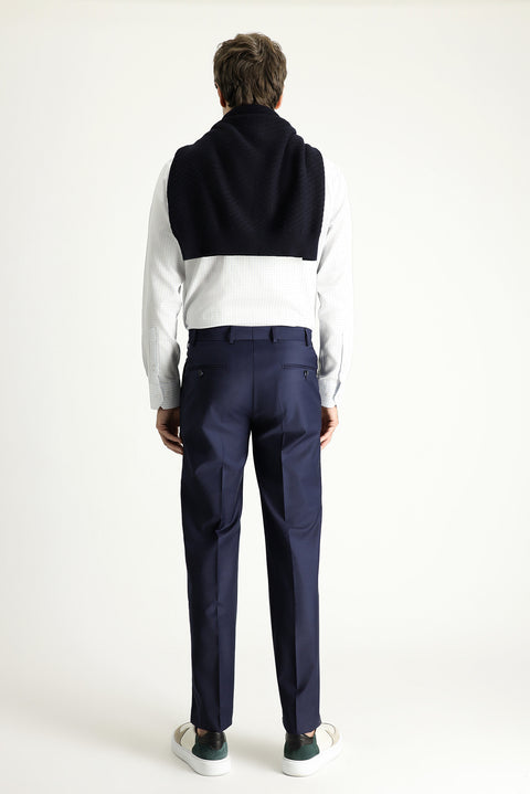 Koyu Lacivert 7 Drop Slim Fit Dar Kesim Yünlü Klasik Kumaş Pantolon
