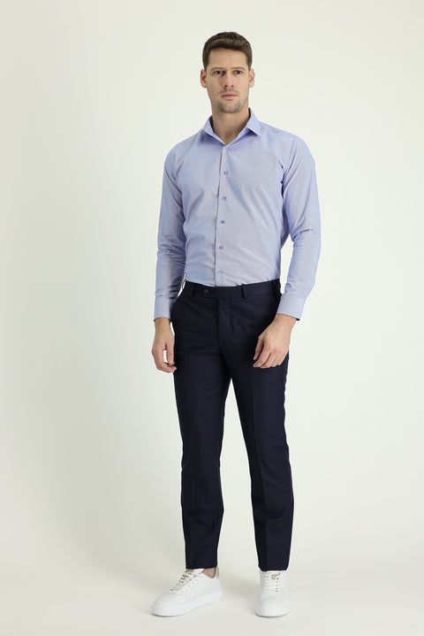 Koyu Lacivert 6 Drop Regular Fit Standart Kesim Klasik Desenli Kumaş Pantolon