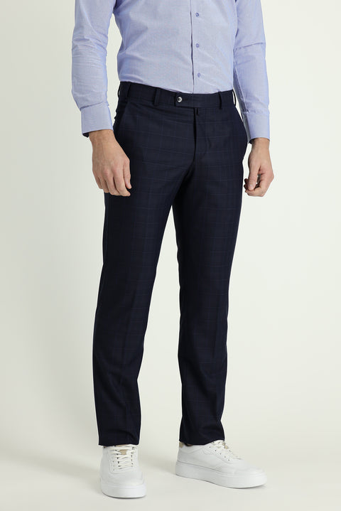 Koyu Lacivert 6 Drop Regular Fit Standart Kesim Klasik Desenli Kumaş Pantolon