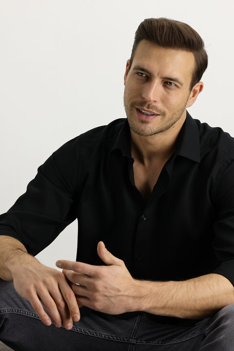 Siyah Uzun Kol Relaxed Fit Rahat Kesim Lyocell Gömlek