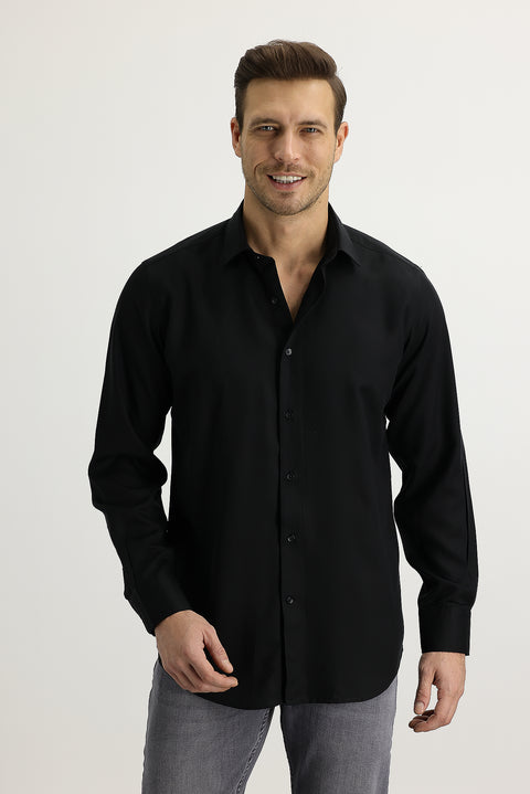 Siyah Uzun Kol Relaxed Fit Rahat Kesim Lyocell Gömlek