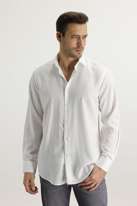 Beyaz Uzun Kol Relaxed Fit Rahat Kesim Lyocell Gömlek