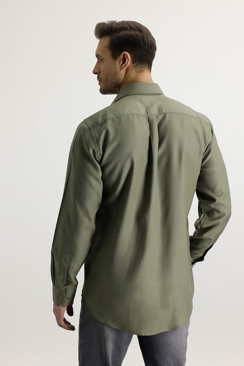 Orta Haki Uzun Kol Relaxed Fit Rahat Kesim Lyocell Gömlek